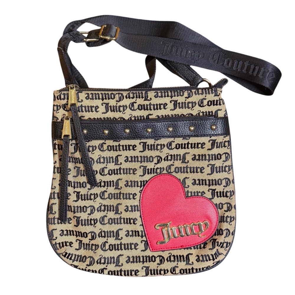Juicy‎ Couture Crossbody Bag Tan Black Logo Heart Studded y2k McBling